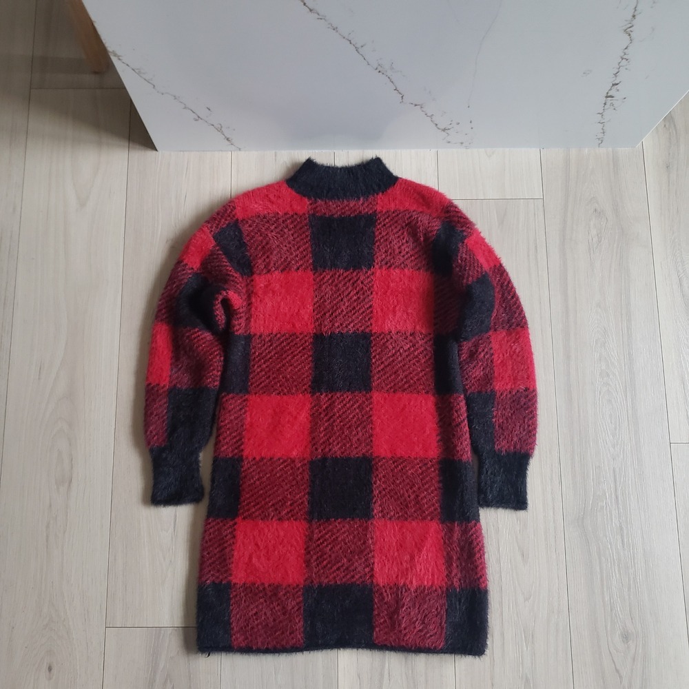 SO Sweater Dress Womens Small Red Black Buffalo Plaid Fuzzy Knit Cozy Mini